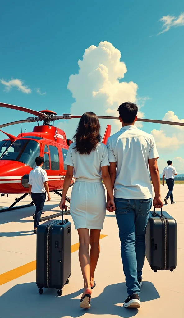 A handsome young man with a Javanese Indonesian face, a little fat in a white polo t-shirt and a beautiful Indonesian woman in a white polo t-shirt, walked towards a red private helicopter with white stripes parked on the runway. followed by two assistants carrying suitcases, against a blue sky in the style of an oil painting