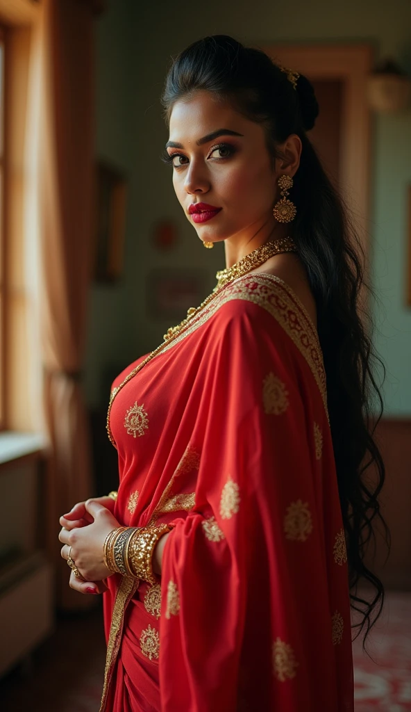 wolf cut hairstyle erotic hindu wife, facing the camera, wide angle camera view, standing far for camera, legs looks sexy, super sexy legs, super big fake lips red lipstick, super delicious Little bit cubby body, saree bra, little bit chubby body, super lower saree, huge boobs, huge breast,