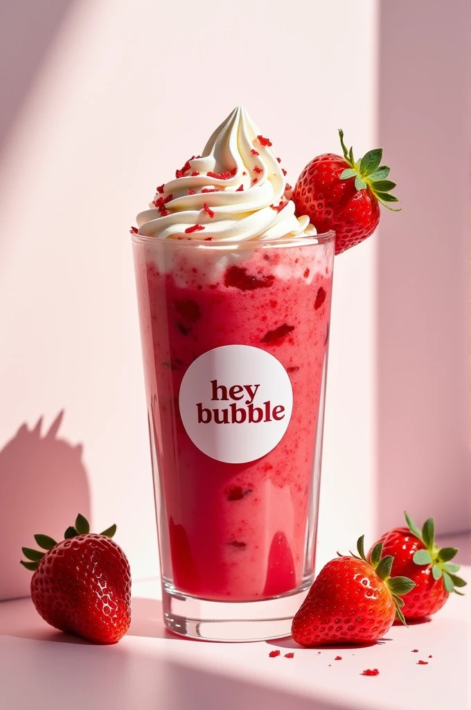 A glass of strawberries with cream that has the HEY BUBBLE logo and the image is commercial 