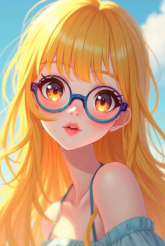 Yellow hair girl anime with merd glasses