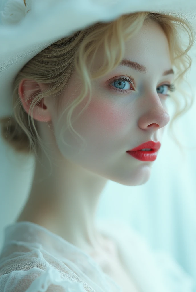arafed woman in a white hat and dress with a red lip, pale porcelain white skin, guweiz, guweiz masterpiece, artwork in the style of guweiz, soft portrait shot 8 k, pale young ghost girl, porcelain white skin, by Russell Dongjun Lu, pale milky white porcelain skin, elegant lady with alabaster skin