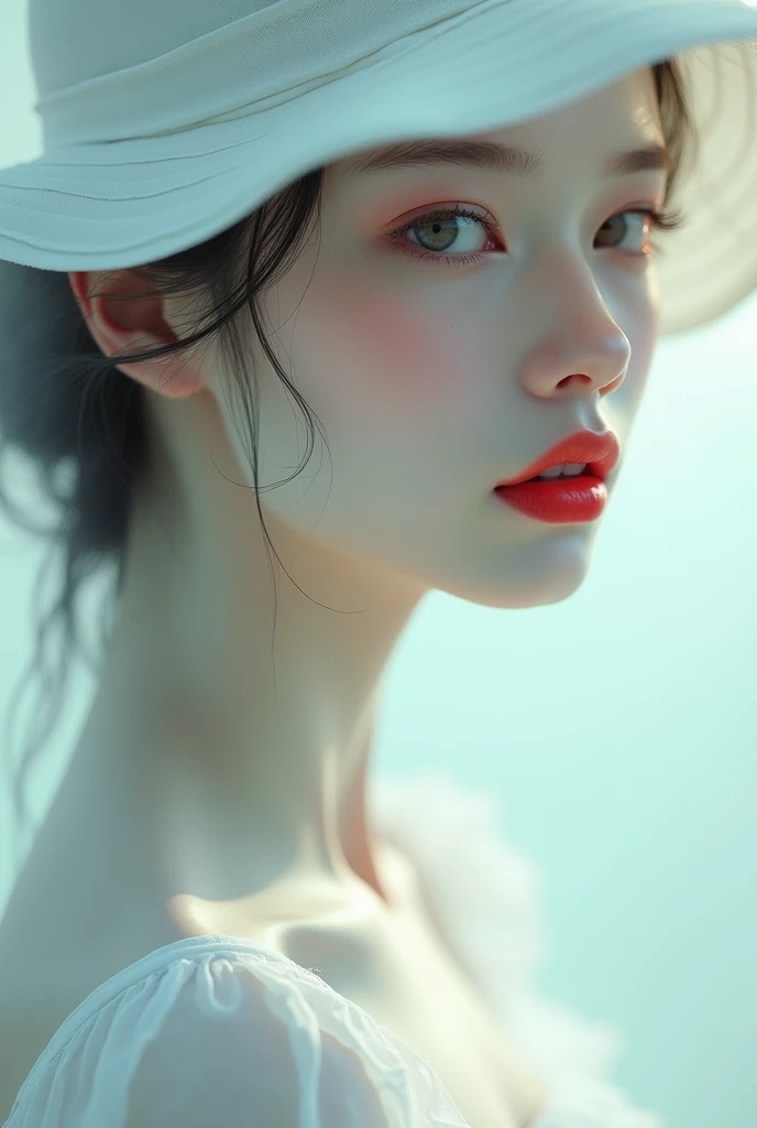 arafed woman in a white hat and dress with a red lip, pale porcelain white skin, guweiz, guweiz masterpiece, artwork in the style of guweiz, soft portrait shot 8 k, pale young ghost girl, porcelain white skin, by Russell Dongjun Lu, pale milky white porcelain skin, elegant lady with alabaster skin