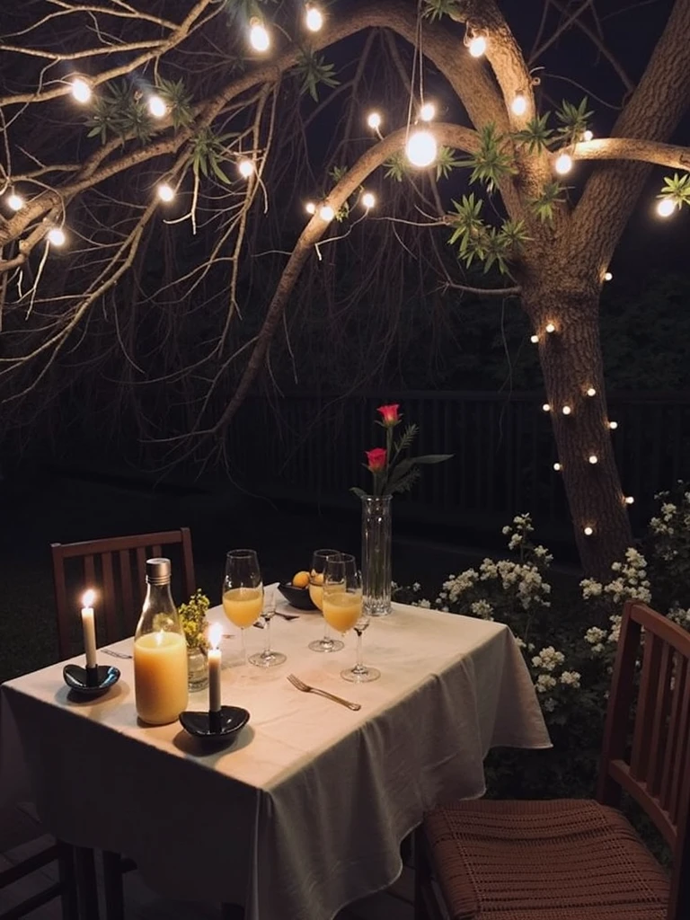 Table set for a romantic candlelit dinner on the porch of a house