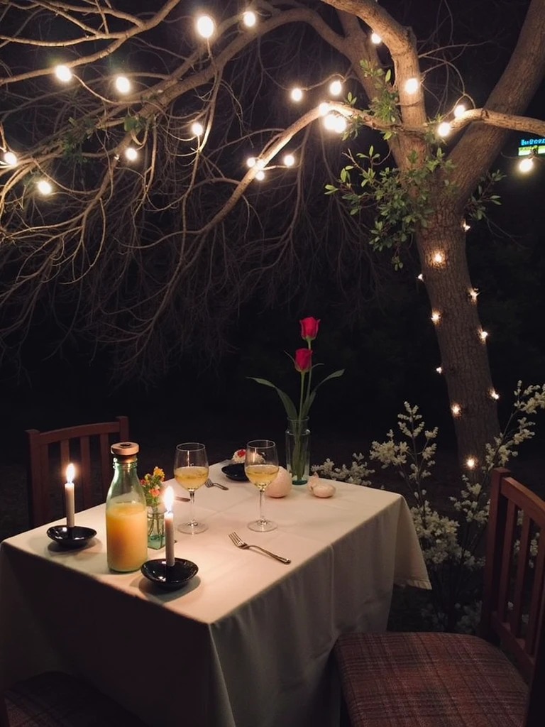 Table set for a romantic candlelit dinner on the porch of a house