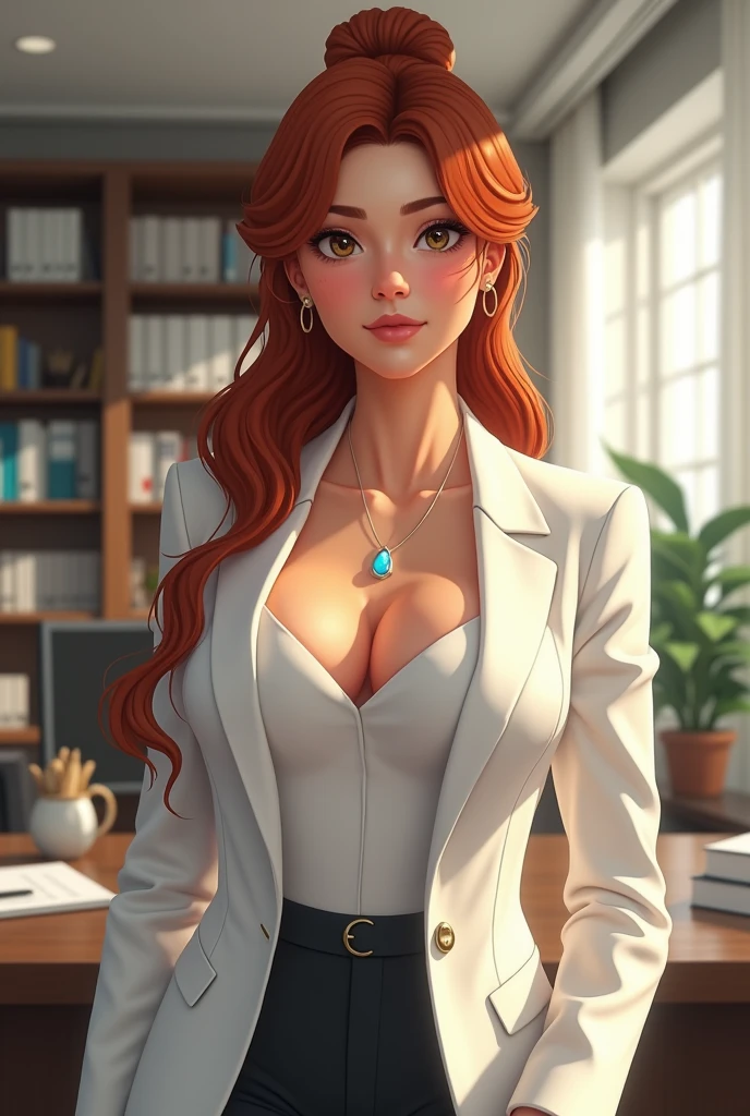 An attractive young woman with fair skin and red hair, long and wavy in an elegant bun, she wears a light blue pendant, is sitting in a modern, well-lit office. She wears a blazer. Her body is curvy, fleshy lips, with wide hips and a slim waist, white fitted cut, that highlights your silhouette in an elegant way. The expression on his face is soft and contemplative., with clear eyes that . The surrounding scenery is a professional office, with bookshelves, documents, and a computer screen visible in the background, all blurred enough to keep the main focus on the woman. The lighting in the room is soft and natural, highlighting the details of her skin and the subtle shine of her delicate necklace. The image must capture the woman&#39;s body from the waist up, in a pose that exudes confidence and elegance, while the surrounding environment suggests a sophisticated and organized work scenario.