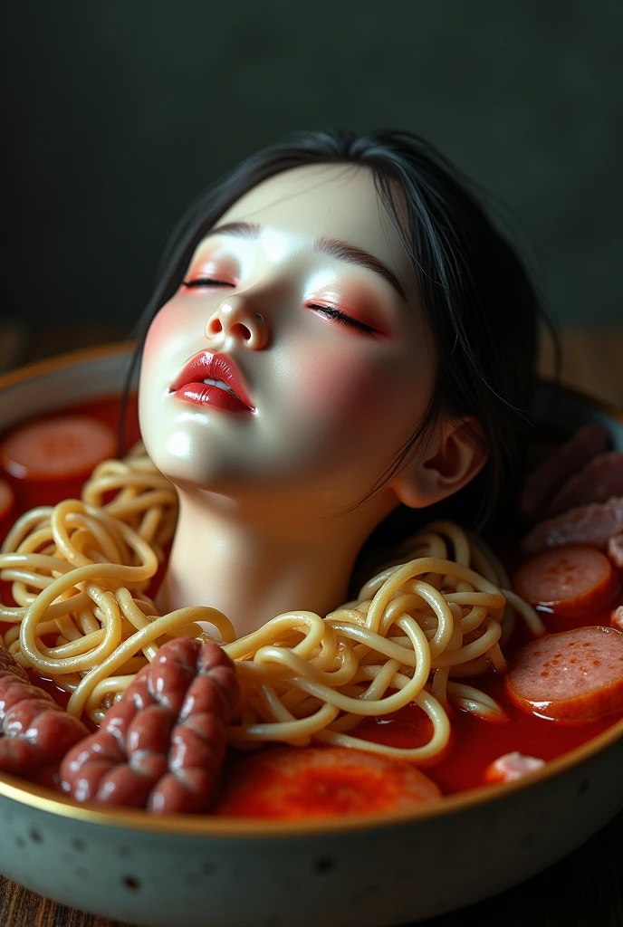 Masterpeace, hyperrealistic, decapitated female head on a bowl, Asian face, covered with noodles and meat, sossis, like soup, ((eyes closed)), served like a food dish, bloody, photorealistic, 4K, Nikon, horror, ahegao face, with front shooting angle, very realistic, (complex detail: 0.9), (hdr, hyperdetail: 1.2), RAW, Sony Alpha a9 II, 24-105mm f/4, HDR,