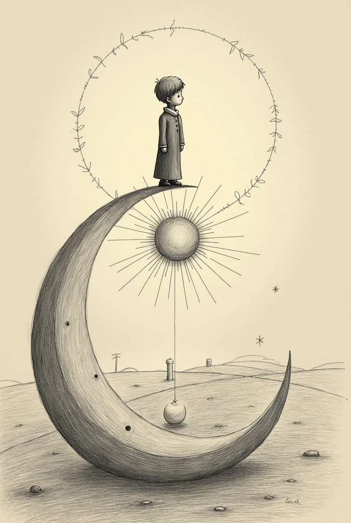 Create an image of the cover of the little prince that is identical but something changes, that this is the moon and the sun, and that the character is the same and does not change That is above the moon, that it is more scribble like the book, that is not real, I take it as if it were pencil and colors