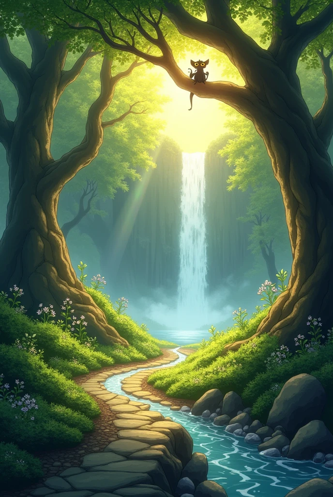 Design a mesmerizing anime-style wallpaper showcasing a serene morning in a mystical forest. The scene should feature a narrow, winding path that leads through towering ancient trees, their leaves bathed in the golden glow of the early morning sun. Sunlight filters through the dense canopy, creating a beautiful pattern of light and shadow on the forest floor, which is carpeted with soft moss and sprinkled with delicate, glowing flowers. A crystal-clear stream runs parallel to the path, its water sparkling with hints of blue and silver as it flows gently over smooth stones. In the distance, a majestic waterfall cascades down a rocky cliff, its mist catching the sunlight and creating a rainbow that arches over the forest. Perched on a tree branch is a small, mythical creature with large, curious eyes, adding a touch of magic to the scene. The air is filled with the soft chirping of birds and the rustling of leaves in the gentle breeze. The color palette should be rich and vibrant, with deep greens, warm yellows, and cool blues, evoking a sense of wonder and tranquility. The image should capture the enchanting beauty of the morning in this magical forest, perfect for a viral anime reel