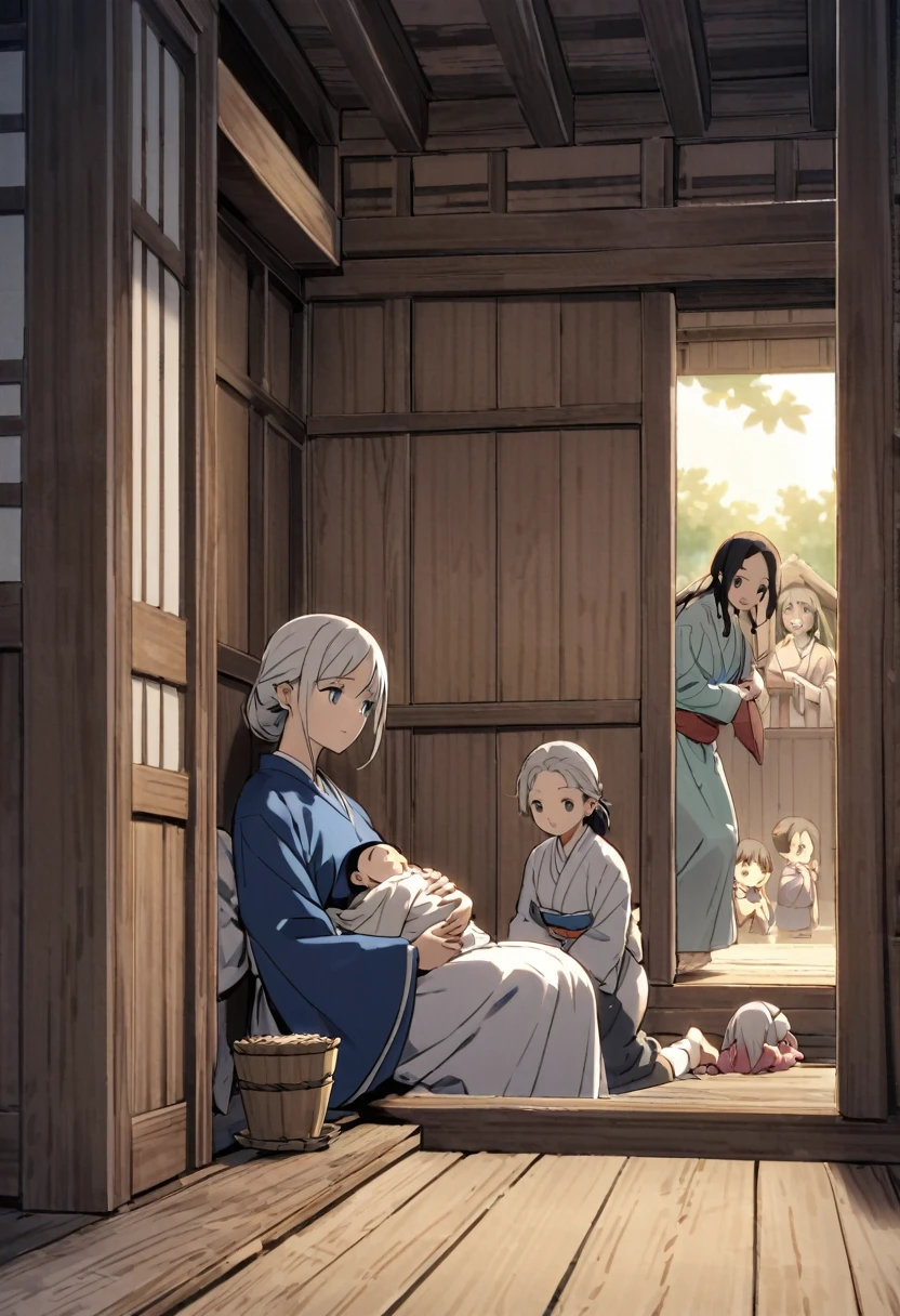 Japan in 1584、Sengoku period。Inside a wooden house、Mother holding her 。The family gathered around、Quietly Watching。