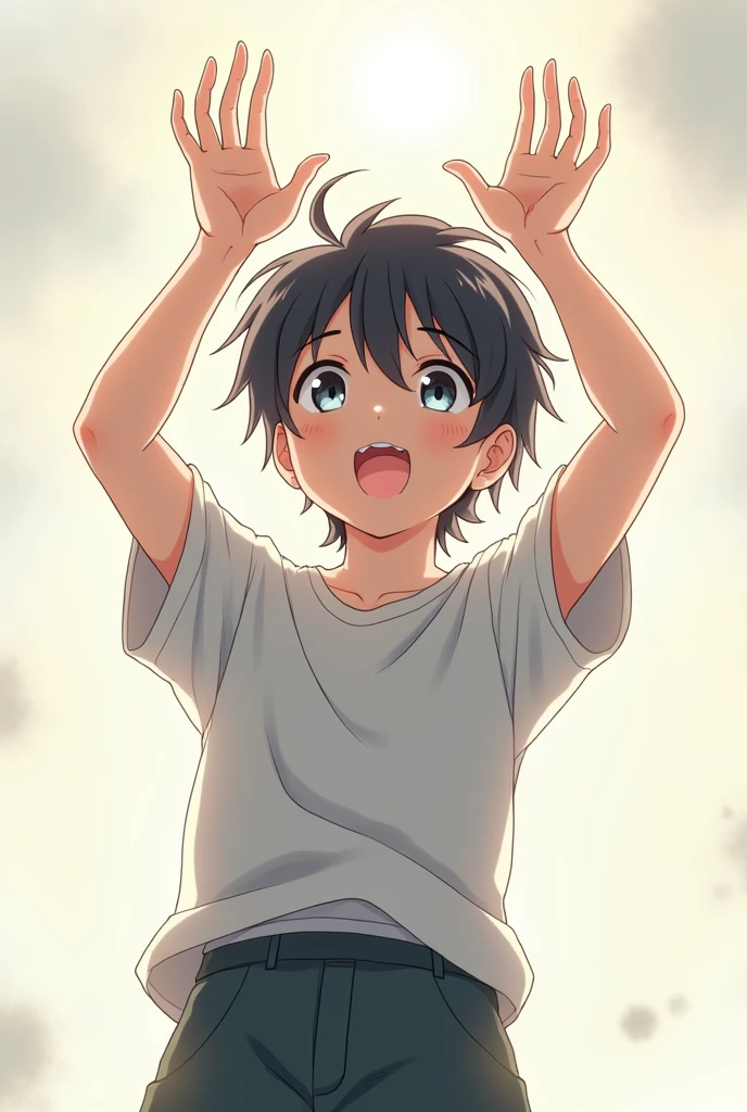 A anime boy with looking up with raising hands in attitude