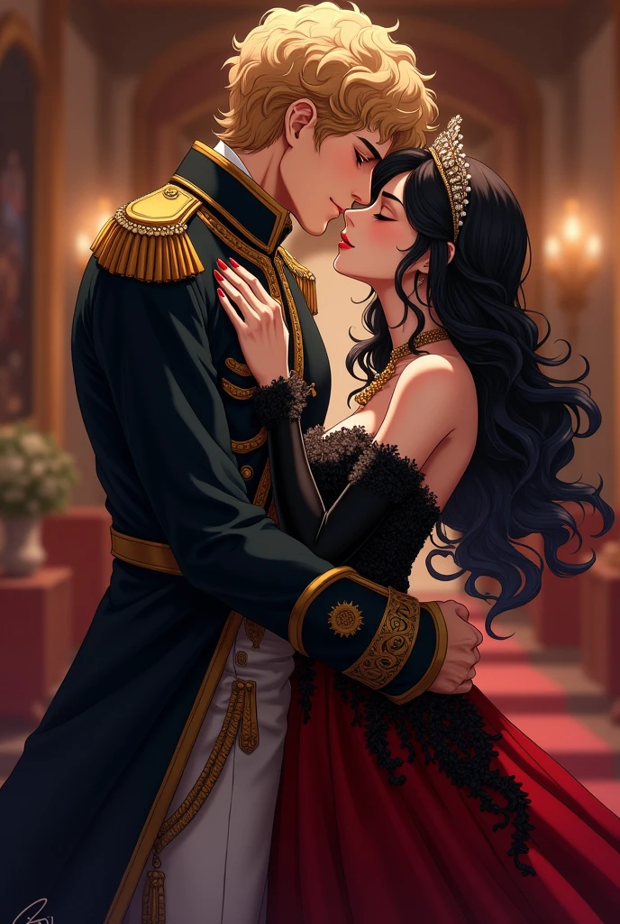 I would like to get an anime-style image of a couple, consisting of a tall, stately, masculine, athletic, charismatic man with short curly golden hair, wearing an antique long military uniform, he kisses an incredibly beautiful young femme fatale with long black hair, dressed in a luxurious black and red dress, tiara, jewelry.
