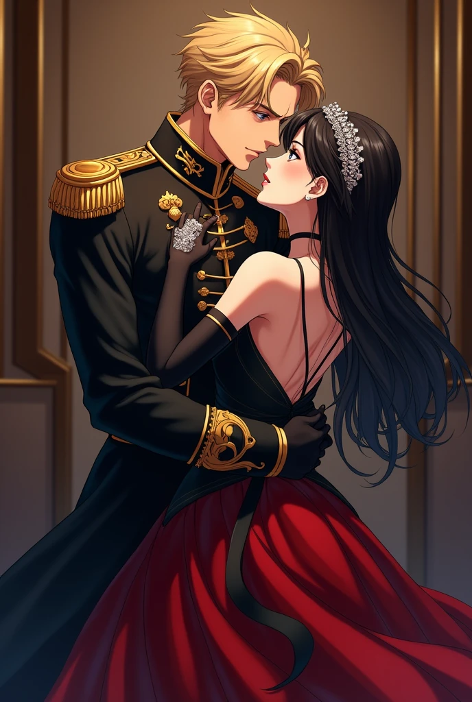 I would like to get an anime-style image of a couple, consisting of a tall, stately, masculine, athletic, charismatic man with short curly golden hair, wearing an antique long military uniform, he kisses an incredibly beautiful young femme fatale with long black hair, dressed in a luxurious black and red dress, tiara, jewelry.