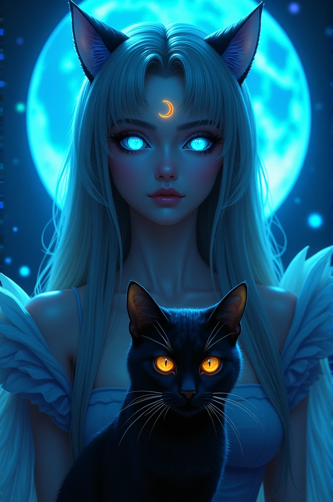 (haute résolution, chef-d'œuvre : 1,2), (réaliste : 1,37), (meilleure qualité, haute résolution, ultra-détaillée, réaliste), fantaisie sailor Moon humaine, sous la lune bleue , avec son chat noir Luna et son croissant de lune sur le front . (Ses yeux radieux : 1,6), hypnotiques et perçants, capturent l'essence d'une reine démoniaque. Les détails de son visage, méticuleusement travaillés, L'atmosphère qui l'entoure est remplie d'une aura d'un autre monde, baignée d'un mélange de néons et d'ombres. Le décor ressemble à une scène de film, avec des allusions à un monde divin. Cette création se présente en portrait corps entier avec le chat, se concentrant sur sailor Moon et son chat captivant de la déesse, la représentant comme une présence captivante et redoutable dans les royaumes de la lumière, le plus beau visage de l'univers, visage érotique, visage sensuel, (NSFW : 1,3)