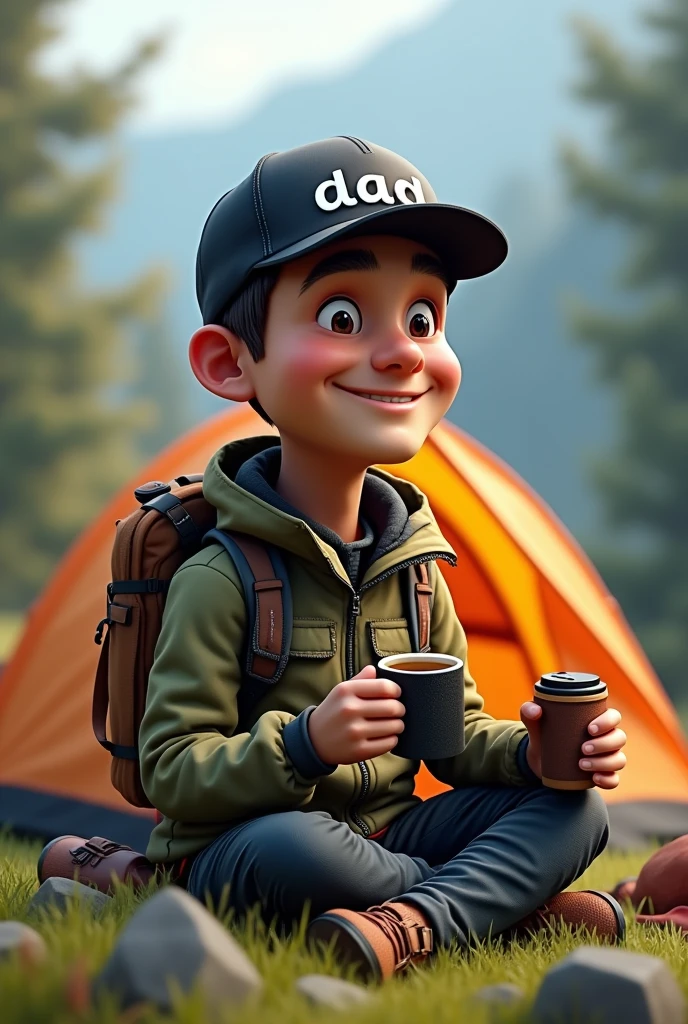 4d caricature ,Indonesian man,30 years,short straight hair,wearing a black snapback hat with writing "dad",wearing complete climbing clothes with equipment,sit back ,on the grass,holding a cup of hot coffee,tent lamping,beautiful natural scenery,hyper realistic,ultrahd,super image quality,16k ,ultra detail