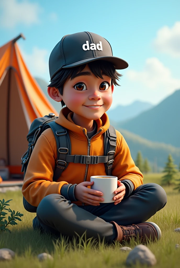 4d caricature ,Indonesian man,30 years,short straight hair,wearing a black snapback hat with writing "dad",wearing complete climbing clothes with equipment,sit back ,on the grass,holding a cup of hot coffee,tent lamping,beautiful natural scenery,hyper realistic,ultrahd,super image quality,16k ,ultra detail