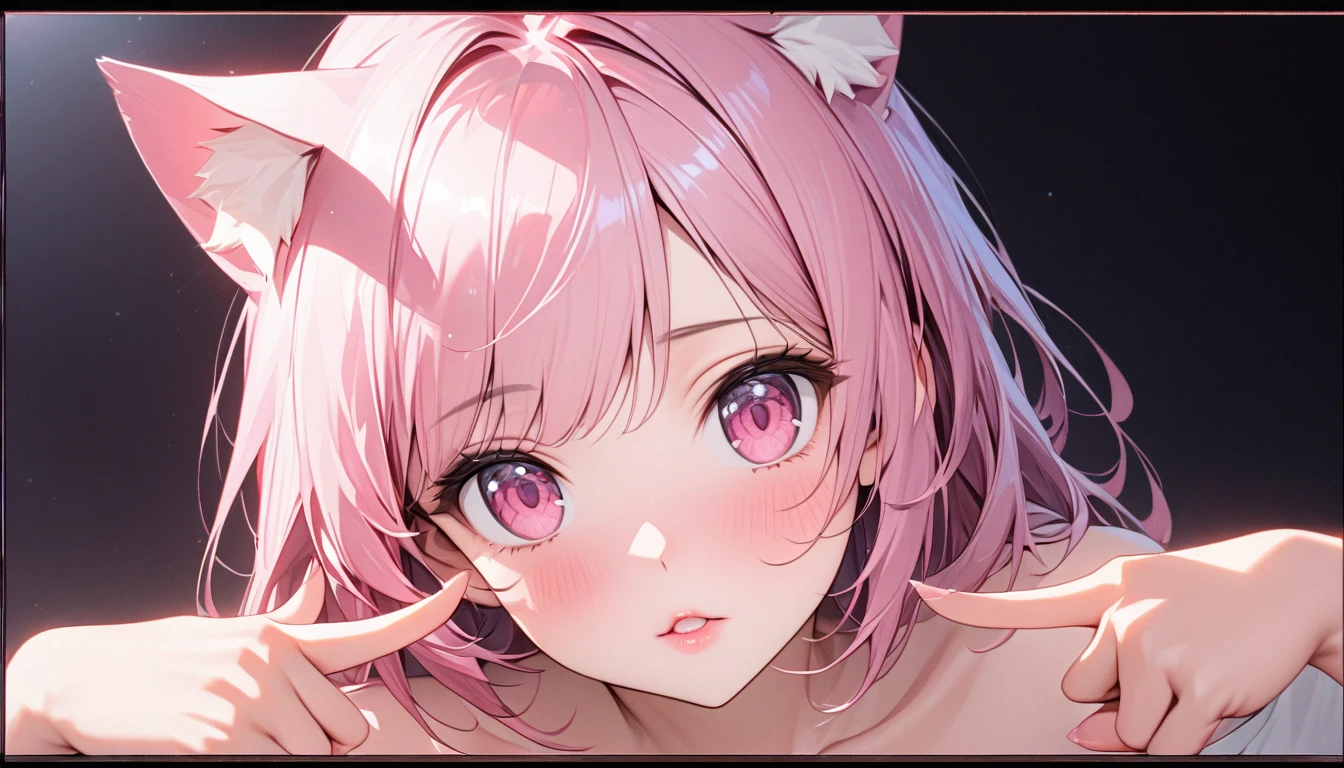 A lovely and sweet Chinese woman, Delicate and sexy collarbone, Attractive goose face, double eyelid, Clever pink eyes, Pink Lips, Exposing shoulders, Concentrated face, Face close-up, Ultra HD, Super Detail, Full body photo, Ultra-thin transparency, Pink Hair、Optimal ratio、Four fingers and a thumb, Cat ear