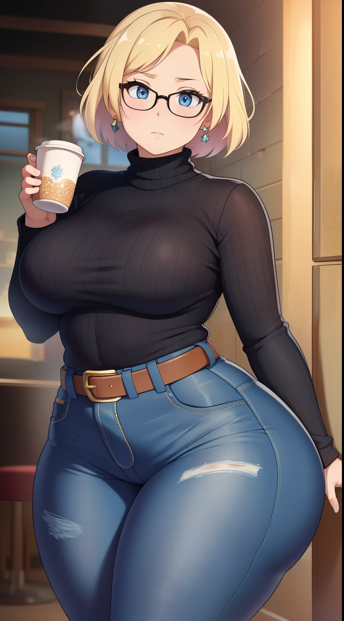 ((Masterpiece)), perfect anatomy, perfect shading, field of depth, (best quality), extremely delicate and beautiful, perfect lighting, detailed face, ultra cute face, cute, (cowboy shot 1.2), full body, (((1girl))), ((solo)), looking at viewer,
short hair, fluffy hair, blonde hair, blue eyes, Glasses, ((Blush)), shy, nervous, (black turtleneck sweater 1.5), (jeans 1.2), belt, extremely tight clothes, medium breasts, ((wide hips)), ((thick thighs)), ((chubby)),
coffee shop, intricate background, detailed background,