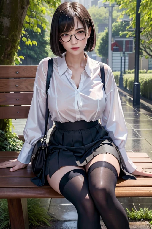 Realistic, High resolution, 1 female, Mature Woman, alone, Hip Up, Viewer Display, (Detailed face), (Short Bob)、(Glasses)、school uniform, mini skirt、Tight waist、Ample breasts、(Over the knee socks)、Sit on a bench、(Blouse wet in the rain)、(Girl in the rain)、bus stop、heavy Rain、(dark sky)、(Dark Background)、At dusk、Rain-soaked hair、Background blur, 