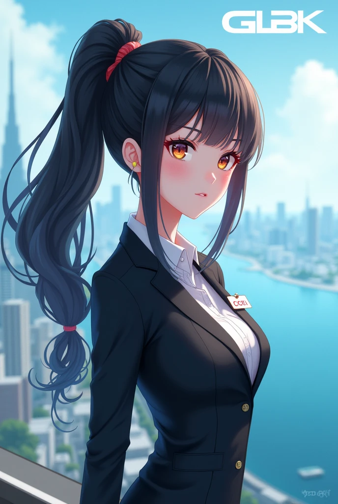 Create anime character;
{background: capital HD text: “GLBK” in center-top, sea}, white skin,
realistic, HDR, beautiful, donghua style, full body, age 20, office set HD name tag: “Cici”, female, black hair, long hair, pony