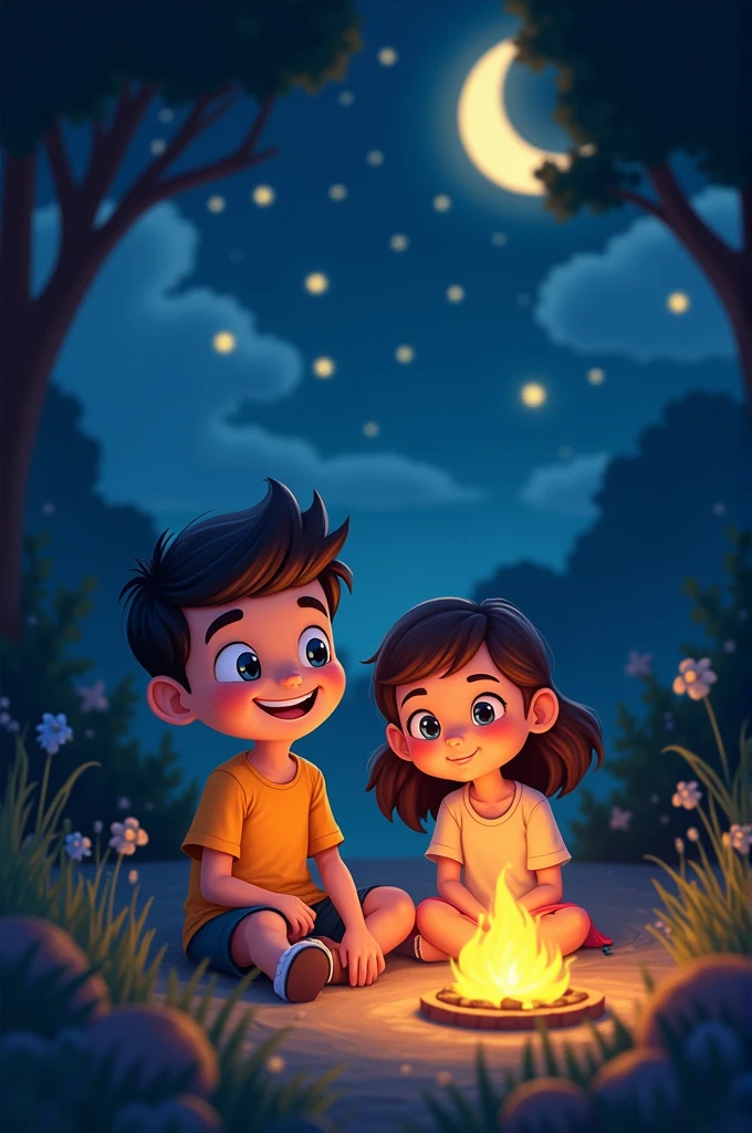 Imagine cartoon boy with girl in night with YouTube ratio