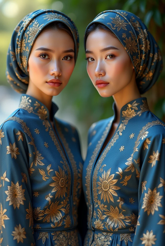 beautiful women, real face, japan, full body, wearing long muslim dresses, exude elegance, grace, In the bright light of the film, the highly detailed depiction of their iconic muslim attire in a combination of blue, grey, gold stands out. shining brilliantly with a realistic and hyperrealistic level of detail, highlighting every part and intricacy. The Sundanese batik motif figure, standing tall, exudes a sense of strength and determination, with sparkling eyes and finely carved lips. The entir