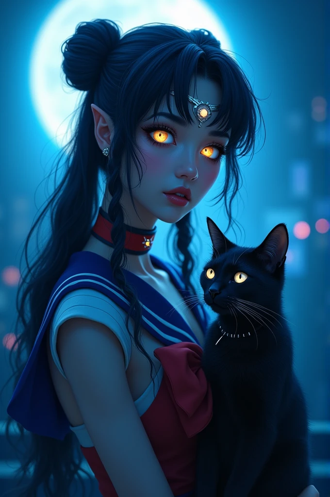 (haute résolution, chef-d'œuvre : 1,2), (réaliste : 1,37), (meilleure qualité, haute résolution, ultra-détaillée, réaliste), fantaisie sailor Moon humaine, sous la lune bleue , avec son chat noir Luna et son croissant de lune sur le front . (Ses yeux radieux : 1,6), hypnotiques et perçants, capturent l'essence d'une reine démoniaque. Les détails de son visage, méticuleusement travaillés, L'atmosphère qui l'entoure est remplie d'une aura d'un autre monde, baignée d'un mélange de néons et d'ombres. Le décor ressemble à une scène de film, avec des allusions à un monde divin. Cette création se présente en portrait corps entier avec le chat, se concentrant sur sailor Moon et son chat captivant de la déesse, la représentant comme une présence captivante et redoutable dans les royaumes de la lumière, le plus beau visage de l'univers, visage érotique, visage sensuel, (NSFW : 1,3)