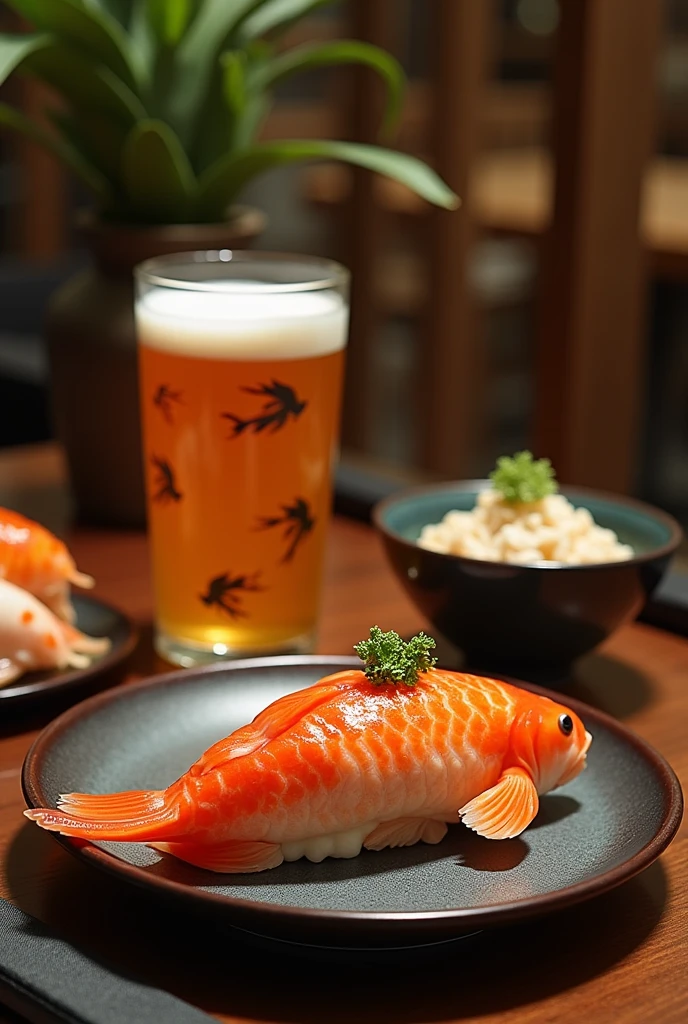 craft beer made from Koi fish. beer serve in a glass that decorate with koi fish, beside is the dish of Koi fish sushi, all are serve on the table in the luxury restaurant 