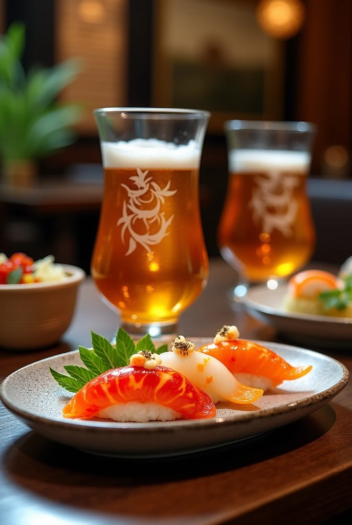 craft beer made from Koi fish. beer serve in a glass that decorate with koi fish, beside is the dish of Koi fish sushi, all are serve on the table in the luxury restaurant 