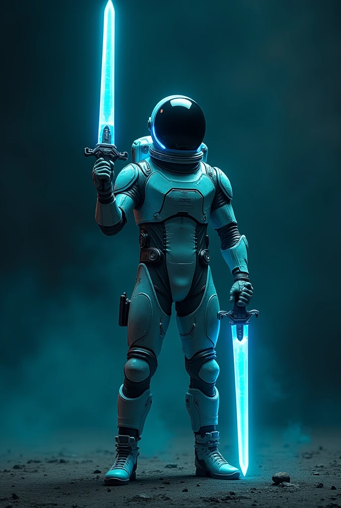 cyan colored male astronaut in a black helmet with two big sword, once raised upwards