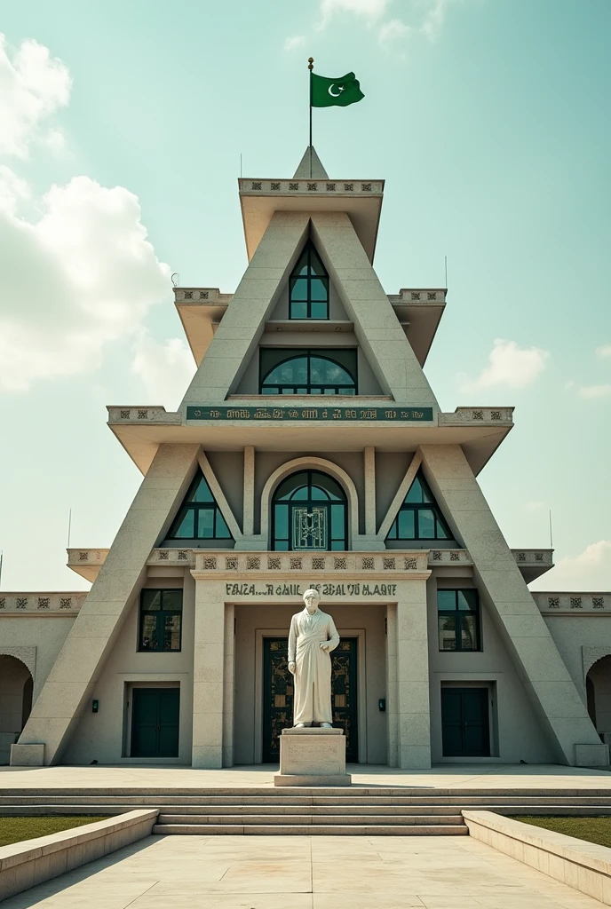 Build a three-story building in the shape of a triangle. Above the main gate, write "Faizan-e-Aala Hazrat in urdu." In front of the building, place a statue of a mans. On top of the building, hang a green flag.