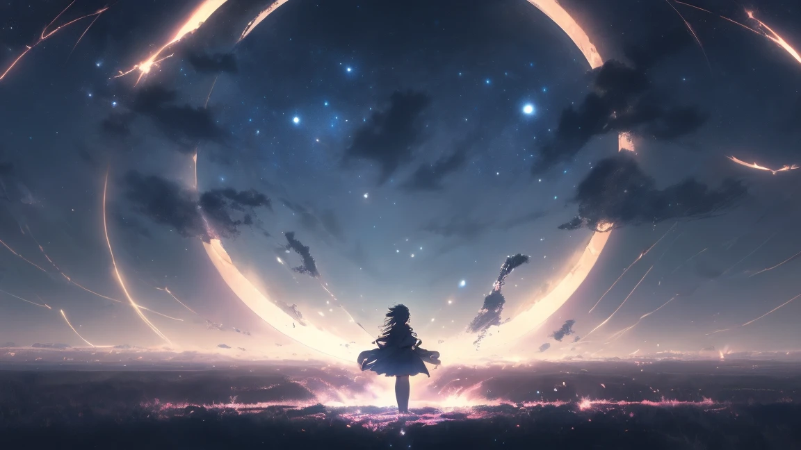 "score_9, wide_shot, full_body_shot, high_angle, wide_angle_lens, deep_Makoto_Shinkai_style, night_scene, large_full_moon, surreal_atmosphere, artful_sense, focus_on_woman_7,
In a vast, empty field under the night sky, a gigantic full moon dominates the scene, occupying nearly 70% of the frame, centered above the horizon. The moon's soft, silvery light casts a luminous glow over the landscape, creating a serene and dreamlike atmosphere. The sky is a deep blue, scattered with faint stars, enhancing the tranquility of the night.
In the foreground, a young woman in her twenties is passionately singing into a standing microphone, fully immersed in her performance. She has short bob hair, and she is wearing a white t-shirt and jeans, a casual yet stylish look. Over her outfit, she has a windbreaker jersey draped around her shoulders, and she is wearing a baseball cap, adding a sporty vibe to her appearance. Her posture is expressive, with one hand gripping the microphone stand and the other hand lifted as she sings, her eyes closed in concentration. The scene captures her in a full-body shot, using a wide-angle lens to emphasize the vastness of the field and the grandeur of the moon behind her.
The lighting should be soft and ethereal, characteristic of Makoto Shinkai's style, with beams of moonlight illuminating her figure, creating a striking silhouette against the expansive night sky. The vivid contrast between the dark field and the bright full moon adds to the surreal quality of the scene. The overall composition evokes a sense of wonder and emotional intensity, blending the beauty of the natural world with the heartfelt expression of the woman's performance, making the scene feel like a beautiful, evocative piece of art."