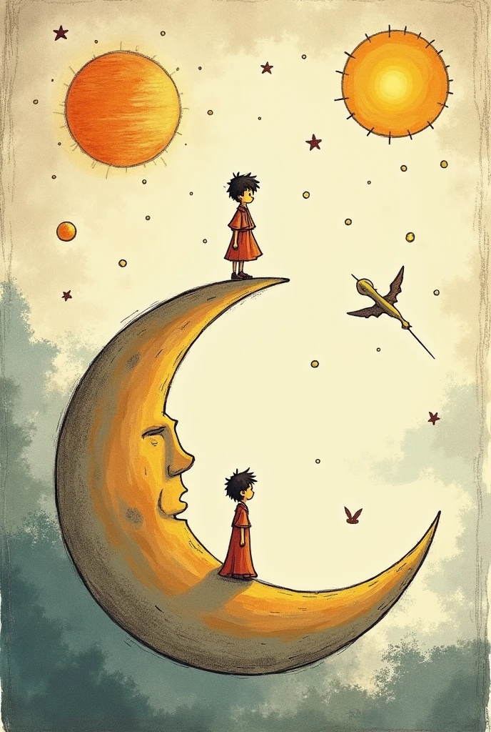 Create an image of the cover of the little prince that is identical but something changes, that this is the moon and the sun, and that the character is the same and does not change That is above the moon, that it is more scribble like the book, that is not real, I take it as if it were pencil and colors, that is very similar to the original cover