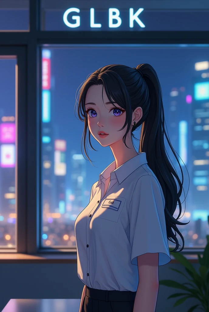 Create anime character;
{background: capital HD text: “GLBK” in center-top, night}, white skin,
realistic, HDR, beautiful, donghua style, full body, age 20, office set HD name tag: “Cici”, female, black hair, long hair, pony