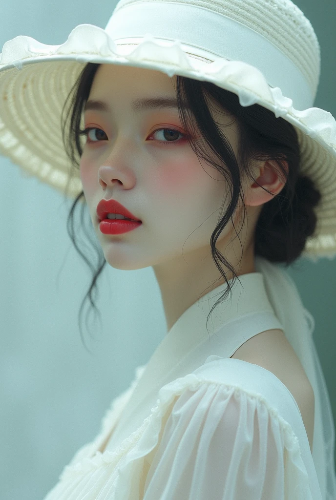 arafed woman in a white hat and dress with a red lip, pale porcelain white skin, face forward, guweiz, guweiz masterpiece, artwork in the style of guweiz, soft portrait shot 8 k, pale young ghost girl, porcelain white skin, by Russell Dongjun Lu, pale milky white porcelain skin, elegant lady with alabaster skin
