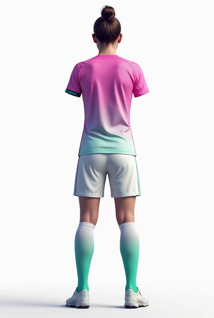 Women's Soccer Uniform Design T-shirt:
Color Base: white.
degraded: It starts in a soft pink tone at the top, passing through a mint green in the middle area and ending in purple at the bottom.
Details: The sleeves have the same gradient as the shirt. The V-neck is white with a thin border in mint green..
Pantaloneta
Color Base: white.
degraded: Subtle transition from mint green at the top of the shorts to purple at the bottom.
Details: A small pink stripe on the sides to complement.
socks:
Color Base: mint green.
Details: Horizontal stripes in purple and pink on the top of the stockings.