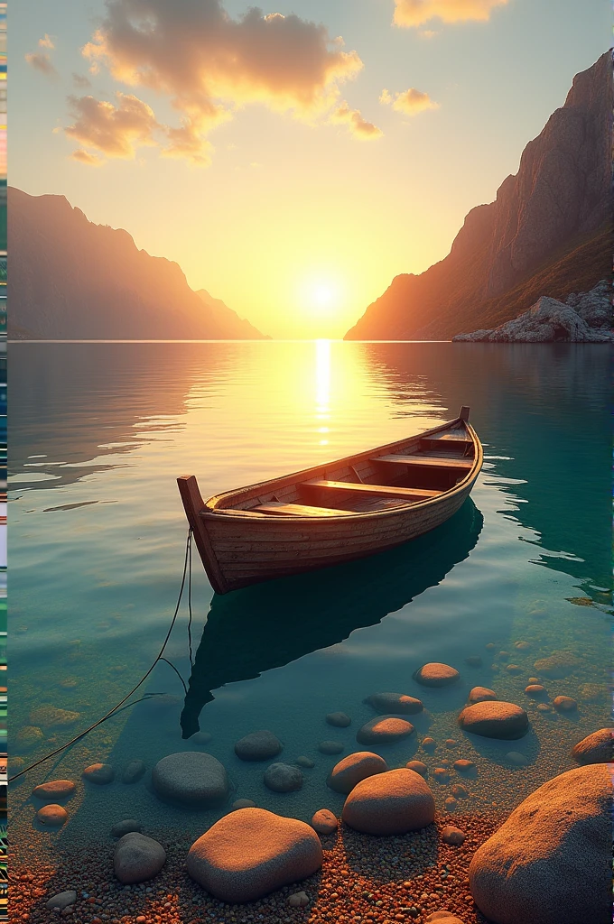 This image shows a peaceful seascape during sunset. A lone wooden boat floats near the shore, which is covered with colorful pebbles and rocks. The water is so clear that you can see the rocks underwater. The sun is low in the sky and is partially blocked by the mountains in the background, casting a warm glow throughout the image.