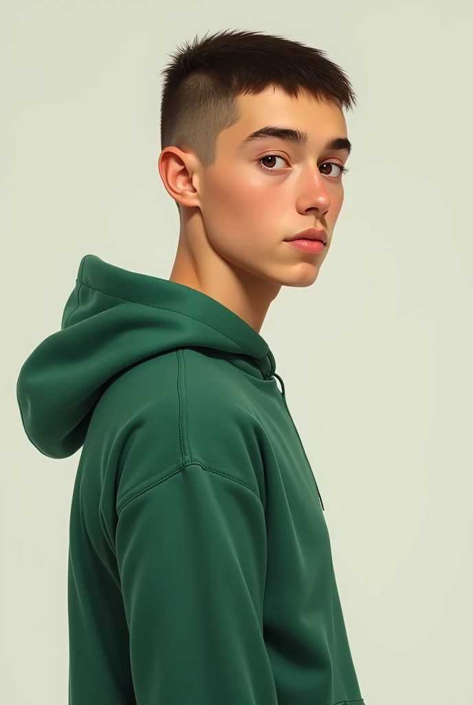 A tall  boy wearing a green hoodie and a crew cut. A clear profile picture from 2014.