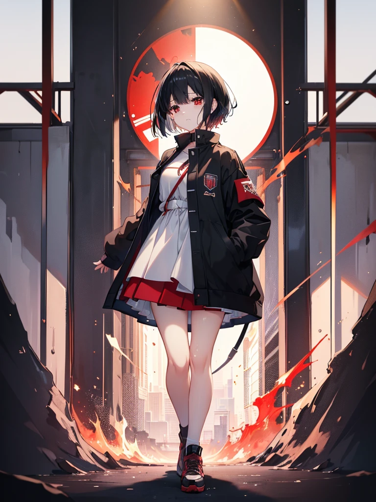 (masterpiece, highest quality, highest quality, (No text), Beautiful and aesthetic:1.2),No text,アニメ、 high resolution BREAK,One Girl,Short black hair Beautiful eyes Red eyes Beautiful girl cool smile Black Coat mini skirt foot Night view Detailed eyes and face