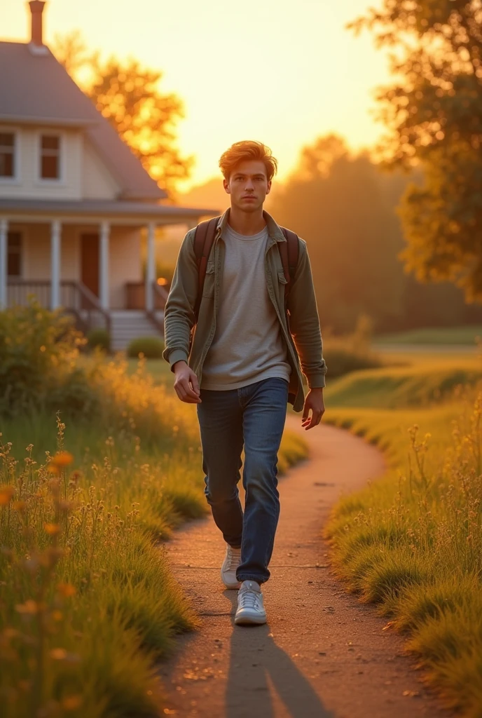 Young Man walk away from home at day