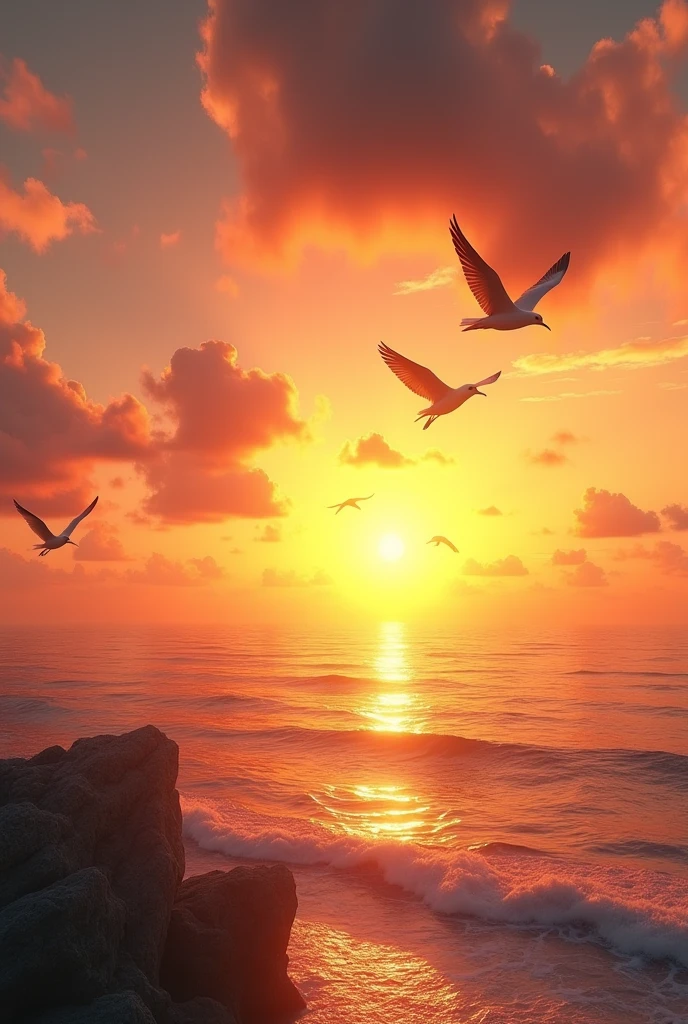 Sunset view, sea, birds ultra relistic, 4k