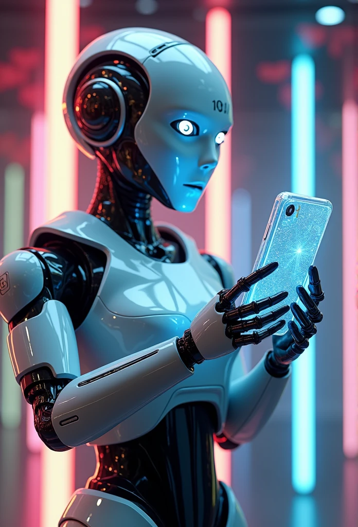 A robot holding a completely transparent smartphone,Realistic,rainbowing,rainbow,close cleavage
