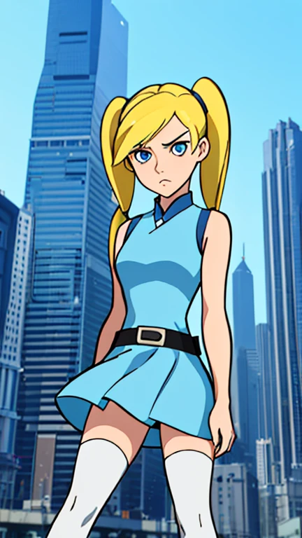 (1girl, (Bubbles:1.0)), (extremely detailed CG unit 8k wallpaper),(master part), (best quality), (ultra detail), (best illustration),(kim possible style), cowboy shot, (Sharp eyeliner, ombre, detailed eyes:1), city, outdoors ,GHIBLI_Background, break , upper body,(yellow-blonde hair, blue eyes, short twintails, pigtails), (dress, sky-blue sleeveless dress, simple black belt, white thighhighs:1.5),(neutral pose, looking at viewer:1.2), (solo, one person, one subject:1.5),