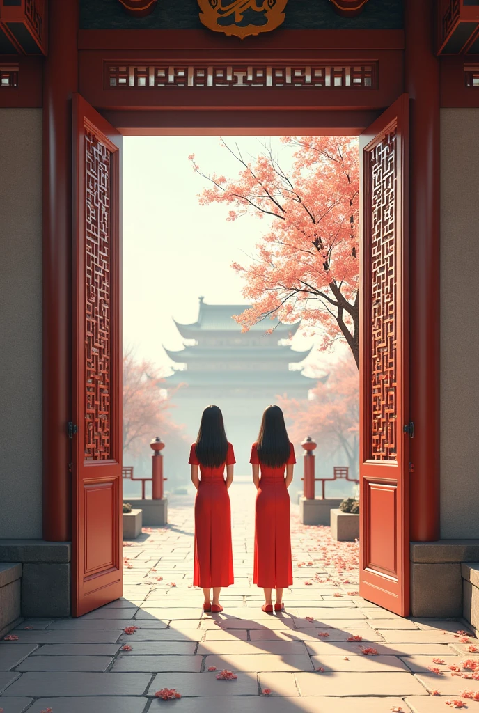 Scene Setup, Chinese Aesthetics Zen, The background features an open Chinese door with rhombic hollow floral patterns. In the distance, there is a Chinese-style building, and at the door, there is an osmanthus tree with scattered osmanthus flowers beneath it. In the center are two anchors wearing cheongsams, standing on a stone path