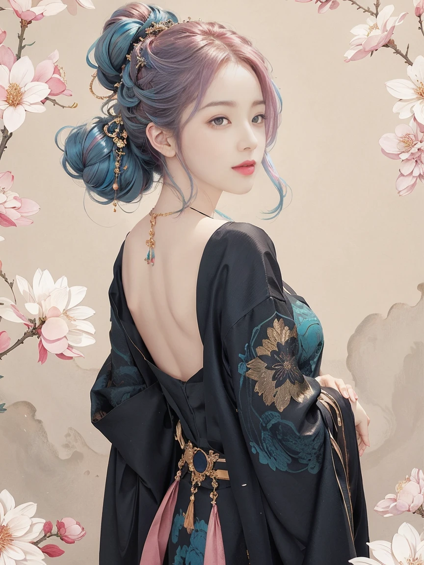 highly detailed, 8K, masterpiece, 1 girl, blue pink_hair, nude, Smile, (perfect_Face), boundary, close up, crazy, exist_Back, Gorgeous, complicated, Dramatic Lighting, 4K, detailed_Background, Caustics, full_Body,  