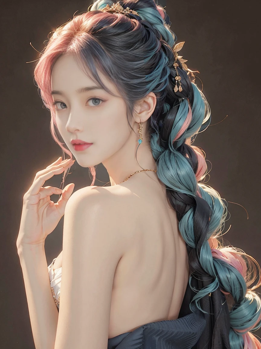 highly detailed, 8K, masterpiece, 1 girl, blue pink_hair, nude, Smile, (perfect_Face), boundary, close up, crazy, exist_Back, Gorgeous, complicated, Dramatic Lighting, 4K, detailed_Background, Caustics, full_Body,  