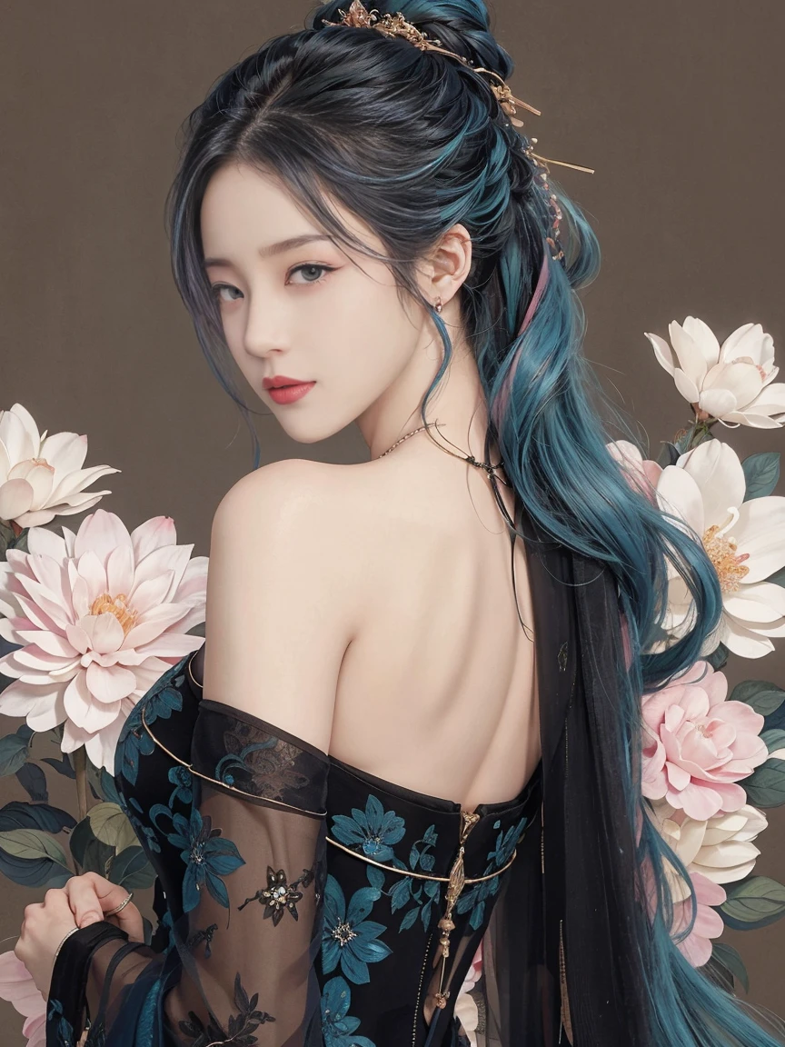 highly detailed, 8K, masterpiece, 1 girl, blue pink_hair, nude, Smile, (perfect_Face), boundary, close up, crazy, exist_Back, Gorgeous, complicated, Dramatic Lighting, 4K, detailed_Background, Caustics, full_Body,  