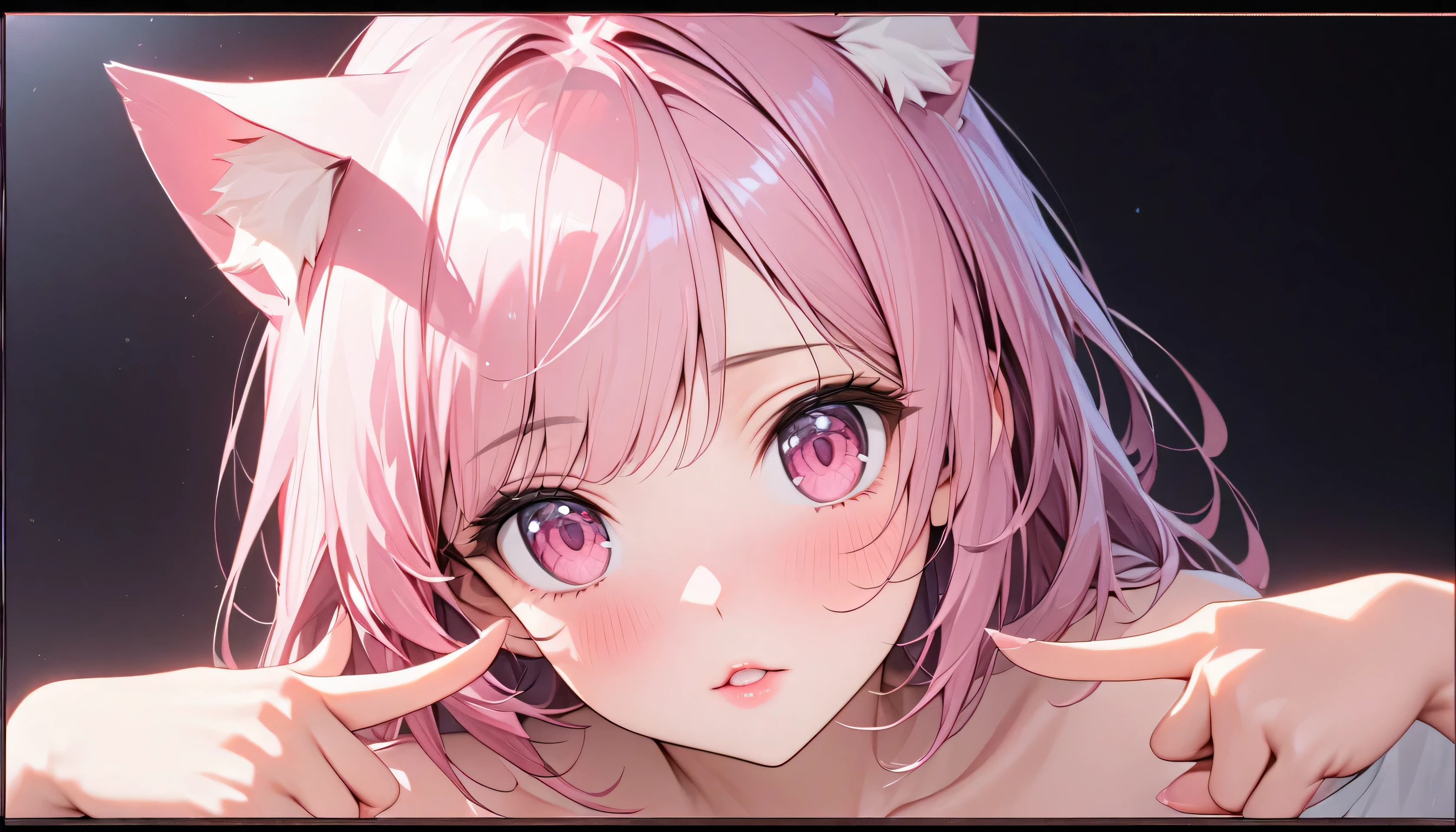 A lovely and sweet Chinese woman, Delicate and sexy collarbone, Attractive goose face, double eyelid, Clever pink eyes, Pink Lips, Exposing shoulders, Concentrated face, Face close-up, Ultra HD, Super Detail, Full body photo, Ultra-thin transparency, Pink Hair、Optimal ratio、Four fingers and a thumb, Cat ear