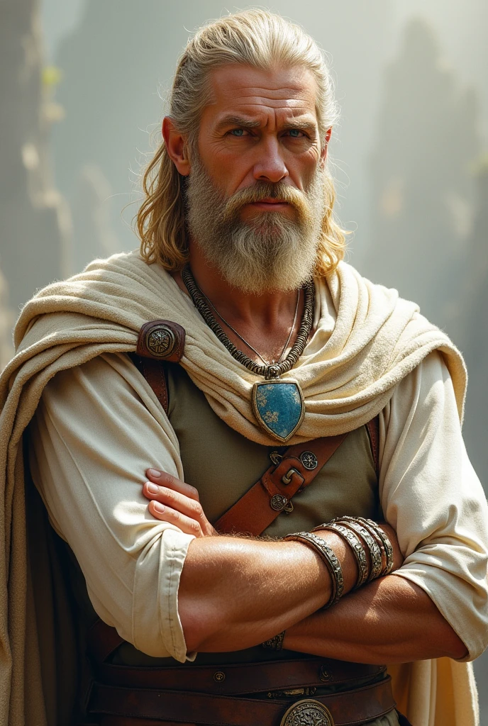 Skin Tone: Fair, with a weathered complexion from years of service and battle.
Hair: Shoulder-length blond hair, often tied back, with a trimmed beard.
Eyes: Deep blue, filled with a sense of duty and unwavering resolve.
Body: Tall and muscular, built from years of training and combat.
Clothing: When not in armor, he wears simple, modest clothing in tones of white and gold, symbolizing purity and devotion.
Accessories: Amulet of Stendarr, symbolizing his faith, and a ring engraved with the symbol of a shield, representing his role as a protector.