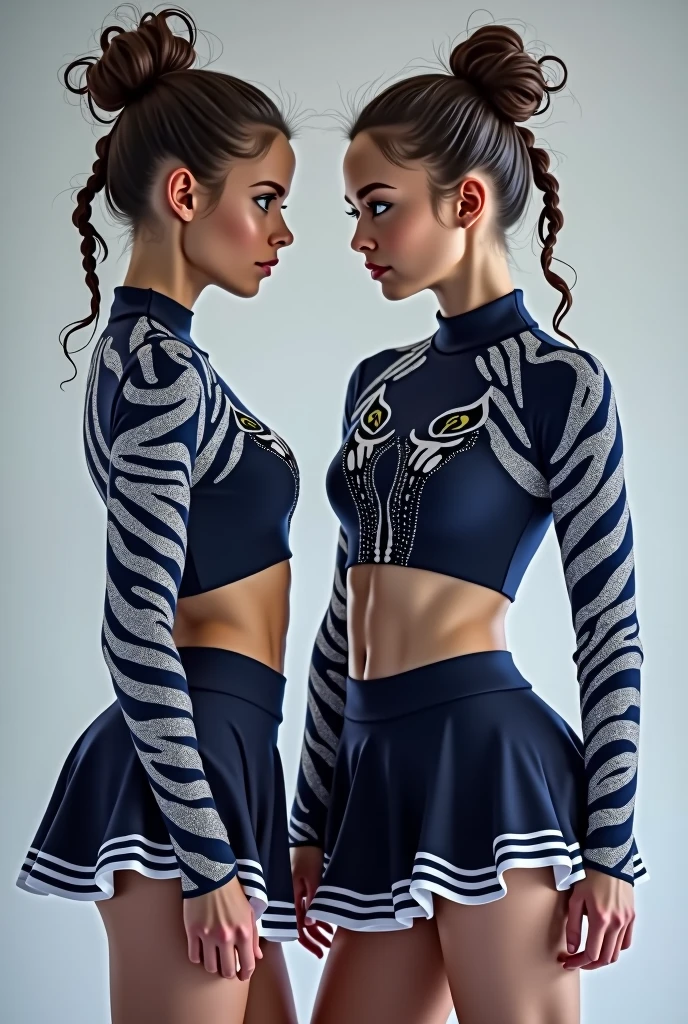 A stylish yet modest cheerleading outfit that represents a white tiger with the colors dark blue and glittery silver with the two models one facing the front and one facing the back showing it make the sleeves the tiger’s pattern but instead make it dark blue with rhinestone and a cute mini skirt for the bottom