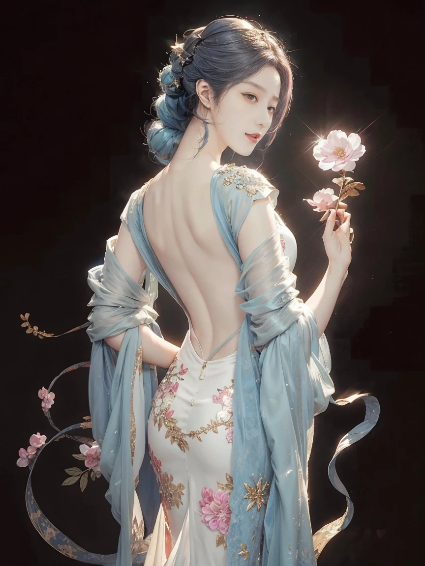 highly detailed, 8K, masterpiece, 1 girl, blue pink_hair, nude, Smile, (perfect_Face), boundary, close up, crazy, exist_Back, Gorgeous, complicated, Dramatic Lighting, 4K, detailed_Background, Caustics, full_Body,